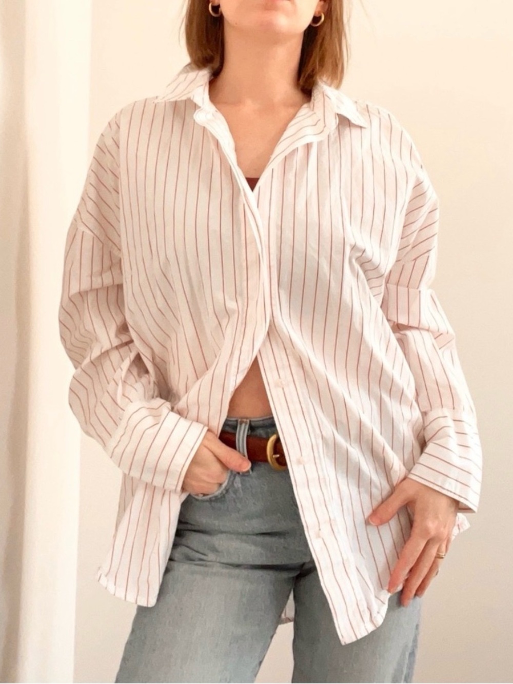 Everlane Women’s White with Red Stripes Boyfriend Button Down Shirt, Size Medium